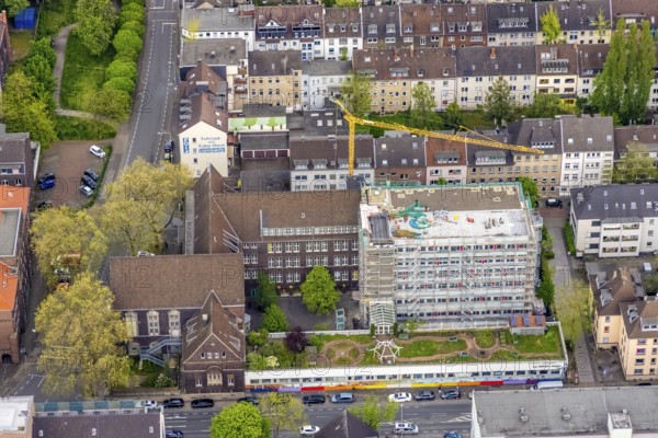 Aerial view, construction site Elsa-Brändström-Gymnasium, city centre, Oberhausen, Ruhr area, North Rhine-Westphalia, Germany, construction work, construction area, construction site, building plots, construction measure, construction project, construction site, education, educational institution, Christian-Steger-Straße, DE, Europe, grammar school, teaching institute, aerial view, aerial photography, aerial photography, new building, school, overview, bird's-eye view, overview