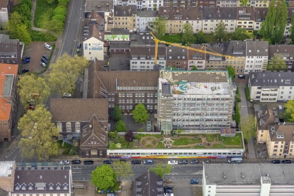 Aerial view, construction site Elsa-Brändström-Gymnasium, city centre, Oberhausen, Ruhr area, North Rhine-Westphalia, Germany, construction work, construction area, construction site, building plots, construction measure, construction project, construction site, education, educational institution, Christian-Steger-Straße, DE, Europe, grammar school, teaching institute, aerial view, aerial photography, aerial photography, new building, school, overview, bird's-eye view, overview