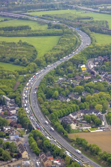 Aerial view, traffic jam on the A3 motorway, Alstaden, Oberhausen, Ruhr area, North Rhine-Westphalia, Germany, A3 motorway, DE, Europe, aerial view, aerial photography, aerial photography, road traffic, overview, traffic volume, bird's-eye view, overview