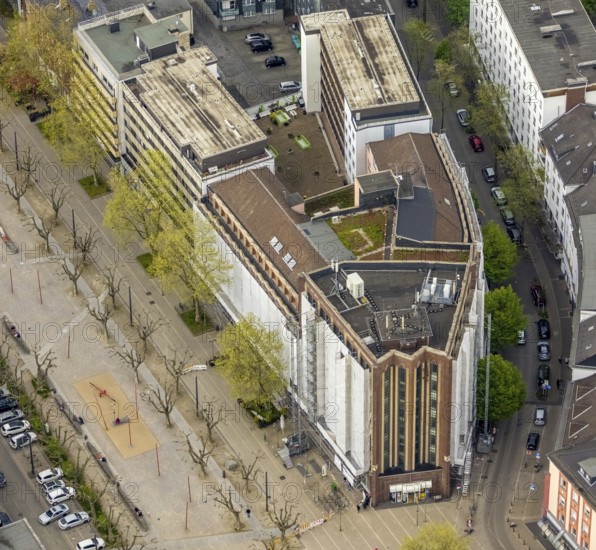 Aerial photograph, Bert-Brecht-Haus, city centre, Oberhausen, Ruhr area, North Rhine-Westphalia, Germany, construction work, construction area, construction project, construction site, DE, adult education facility, Europe, aerial photograph, aerial photography, aerial photography, Paul-Reusch-Straße, renovation, refurbishment, overview, cladding, bird's eye view, birds-eyes view, overview