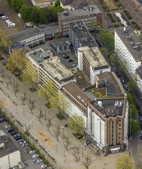 Aerial photograph, Bert-Brecht-Haus, city centre, Oberhausen, Ruhr area, North Rhine-Westphalia, Germany, construction work, construction area, construction project, construction site, DE, adult education facility, Europe, aerial photograph, aerial photography, aerial photography, Paul-Reusch-Straße, renovation, refurbishment, overview, cladding, bird's eye view, birds-eyes view, overview