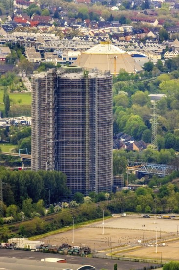Aerial view, gasometer venue, Borbeck, Oberhausen, Ruhr area, North Rhine-Westphalia, Germany, exhibitions, DE, Europe, culture, art, aerial view, aerial photography, aerial photography, Neue Mitte, panoramic view, decommissioned gas holder, overview, events, venue, bird's-eye view, birds-eyes view, former gas holder, cultural use, overview