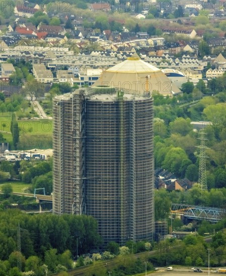 Aerial view, gasometer venue, Borbeck, Oberhausen, Ruhr area, North Rhine-Westphalia, Germany, exhibitions, DE, Europe, culture, art, aerial view, aerial photography, aerial photography, Neue Mitte, panoramic view, decommissioned gas holder, overview, events, venue, bird's-eye view, birds-eyes view, former gas holder, cultural use, overview