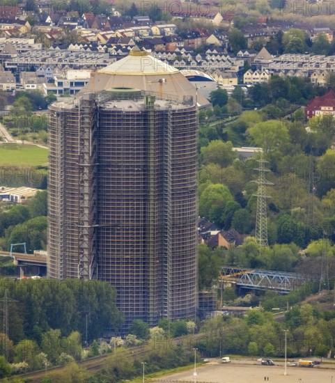 Aerial view, gasometer venue, Borbeck, Oberhausen, Ruhr area, North Rhine-Westphalia, Germany, exhibitions, DE, Europe, culture, art, aerial view, aerial photography, aerial photography, Neue Mitte, panoramic view, decommissioned gas holder, overview, events, venue, bird's-eye view, birds-eyes view, former gas holder, cultural use, overview