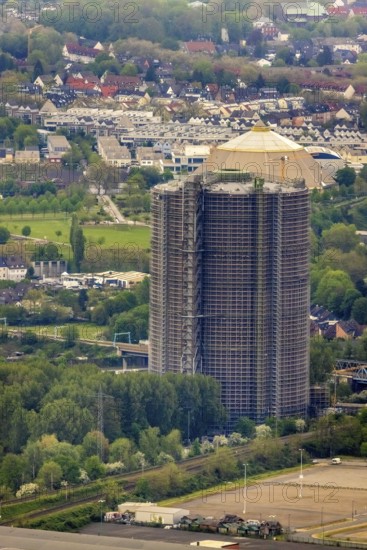 Aerial view, gasometer venue, Borbeck, Oberhausen, Ruhr area, North Rhine-Westphalia, Germany, exhibitions, DE, Europe, culture, art, aerial view, aerial photography, aerial photography, Neue Mitte, panoramic view, decommissioned gas holder, overview, events, venue, bird's-eye view, birds-eyes view, former gas holder, cultural use, overview