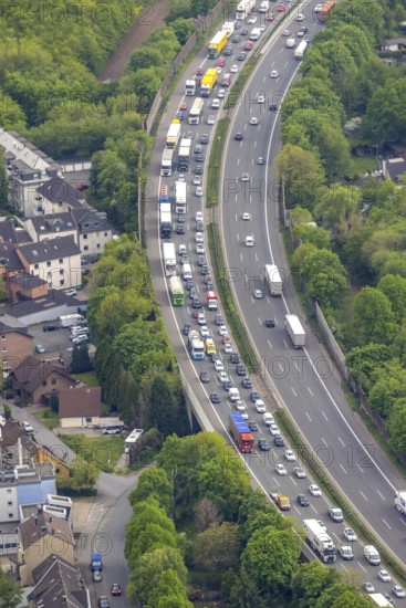 Aerial view, traffic jam on the A3 motorway, Alstaden, Oberhausen, Ruhr area, North Rhine-Westphalia, Germany, A3 motorway, DE, Europe, aerial view, aerial photography, aerial photography, road traffic, overview, traffic volume, bird's-eye view, overview