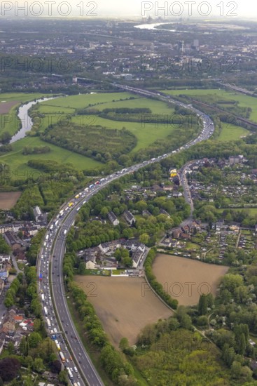 Aerial view, traffic jam on the A3 motorway, Alstaden, Oberhausen, Ruhr area, North Rhine-Westphalia, Germany, A3 motorway, DE, Europe, aerial view, aerial photography, aerial photography, road traffic, overview, traffic volume, bird's-eye view, overview