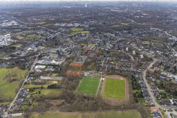 Aerial view, sports field Sportfreunde Königshardt, Königshtardt, Oberhausen, Ruhr area, North Rhine-Westphalia, Germany, DE, Europe, football field, football stadium, football club, aerial view, aerial photography, aerial photography, sports, sports facilities, sports field, sports facility, stadium, overview, bird's eye view, birds-eyes view, overview
