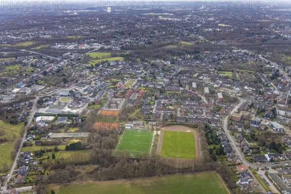 Aerial view, sports field Sportfreunde Königshardt, Königshtardt, Oberhausen, Ruhr area, North Rhine-Westphalia, Germany, DE, Europe, football field, football stadium, football club, aerial view, aerial photography, aerial photography, sports, sports facilities, sports field, sports facility, stadium, overview, bird's eye view, birds-eyes view, overview