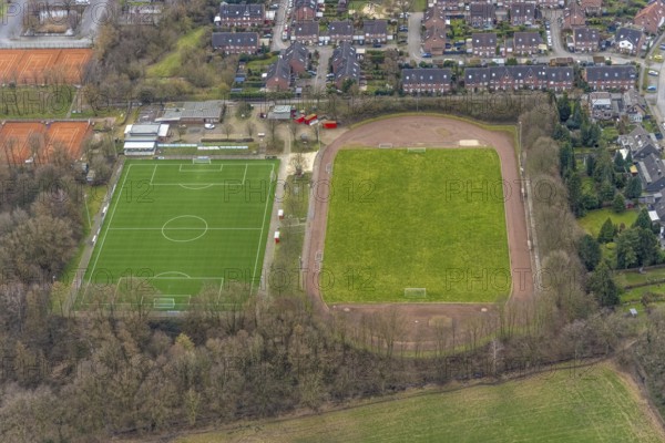 Aerial view, sports field Sportfreunde Königshardt, Königshtardt, Oberhausen, Ruhr area, North Rhine-Westphalia, Germany, DE, Europe, football field, football stadium, football club, aerial view, aerial photography, aerial photography, sports, sports facilities, sports field, sports facility, stadium, overview, bird's eye view, birds-eyes view, overview
