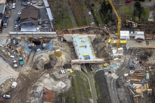Aerial view, construction site bridge over the main canal at Erlenstraße, Schwarze Heide, Oberhausen, Ruhr area, North Rhine-Westphalia, Germany, construction work, construction area, construction site, building plots, construction project, construction site, bridge, DE, Europe, aerial view, aerial photography, aerial photography, new building, overview, bird's-eye view, overview