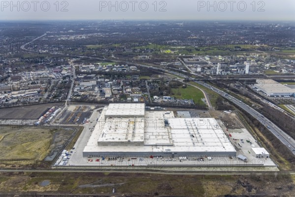 Aerial photo, Edeka central warehouse Oberhausen, Schwarze Heide, Oberhausen, Ruhr area, North Rhine-Westphalia, Germany, DE, Europe, freight transport, logistics, logistics service, logistics service provider, logistics centre, aerial photo, aerial photography, aerial photography, overview, bird's-eye view, Waldteichstraße, birds-eyes view, overview