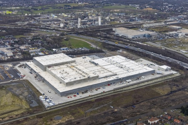 Aerial photo, Edeka central warehouse Oberhausen, Schwarze Heide, Oberhausen, Ruhr area, North Rhine-Westphalia, Germany, DE, Europe, freight transport, logistics, logistics service, logistics service provider, logistics centre, aerial photo, aerial photography, aerial photography, overview, bird's-eye view, Waldteichstraße, birds-eyes view, overview