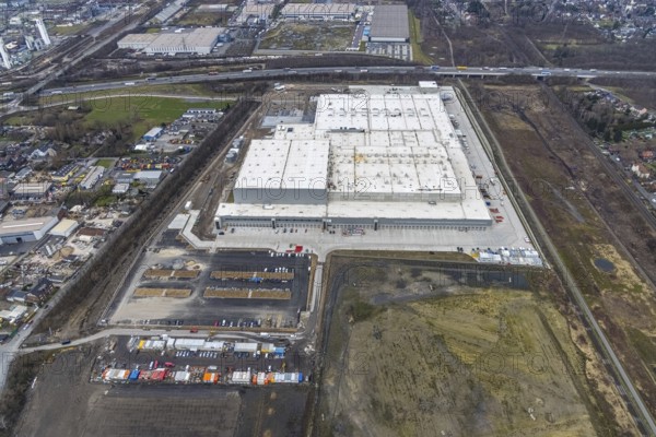 Aerial photo, Edeka central warehouse Oberhausen, Schwarze Heide, Oberhausen, Ruhr area, North Rhine-Westphalia, Germany, DE, Europe, freight transport, logistics, logistics service, logistics service provider, logistics centre, aerial photo, aerial photography, aerial photography, overview, bird's-eye view, Waldteichstraße, birds-eyes view, overview