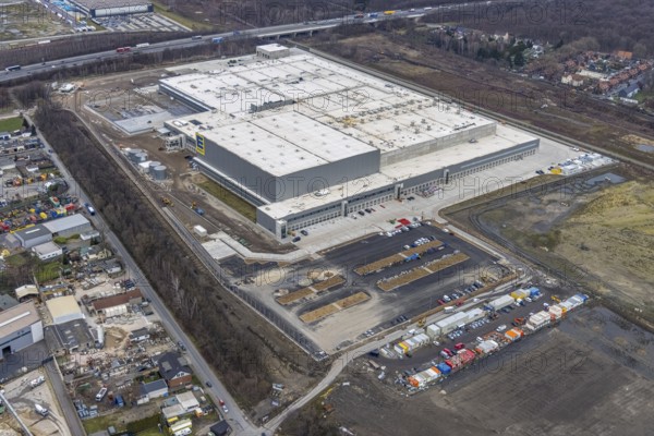 Aerial photo, Edeka central warehouse Oberhausen, Schwarze Heide, Oberhausen, Ruhr area, North Rhine-Westphalia, Germany, DE, Europe, freight transport, logistics, logistics service, logistics service provider, logistics centre, aerial photo, aerial photography, aerial photography, overview, bird's-eye view, Waldteichstraße, birds-eyes view, overview