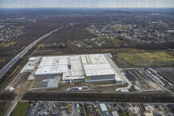 Aerial photo, Edeka central warehouse Oberhausen, Schwarze Heide, Oberhausen, Ruhr area, North Rhine-Westphalia, Germany, DE, Europe, freight transport, logistics, logistics service, logistics service provider, logistics centre, aerial photo, aerial photography, aerial photography, overview, bird's-eye view, Waldteichstraße, birds-eyes view, overview