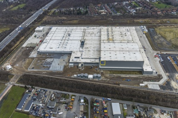 Aerial photo, Edeka central warehouse Oberhausen, Schwarze Heide, Oberhausen, Ruhr area, North Rhine-Westphalia, Germany, DE, Europe, freight transport, logistics, logistics service, logistics service provider, logistics centre, aerial photo, aerial photography, aerial photography, overview, bird's-eye view, Waldteichstraße, birds-eyes view, overview