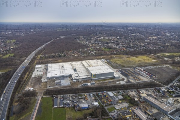 Aerial photo, Edeka central warehouse Oberhausen, Schwarze Heide, Oberhausen, Ruhr area, North Rhine-Westphalia, Germany, DE, Europe, freight transport, logistics, logistics service, logistics service provider, logistics centre, aerial photo, aerial photography, aerial photography, overview, bird's-eye view, Waldteichstraße, birds-eyes view, overview