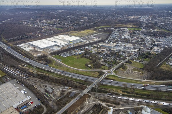 Aerial view, roundabout Weißensteinstraße on the A3, Edeka central warehouse Oberhausen, Schwarze Heide, Oberhausen, Ruhr area, North Rhine-Westphalia, Germany, DE, Europe, freight traffic, roundabout, roundabout, logistics, logistics service, logistics service provider, logistics centre, aerial view, aerial photography, aerial photography, road traffic, overview, bird's eye view, Waldteichstraße, birds-eyes view, overview