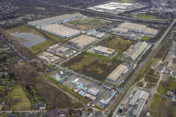 Aerial view, Waldteich business park, construction site between GEODIS Contract Logistics Germany and Lekkerland Oberhausen branch, Edeka central warehouse Oberhausen, Holten, Oberhausen, Ruhr area, North Rhine-Westphalia, Germany, DE, Europe, commercial enterprises, commercial area, business park, commercial location, commercial use, industrial area, industrial building, industrial location, aerial photograph, aerial photography, aerial photography, overview, bird's-eye view, birds-eyes view, overview