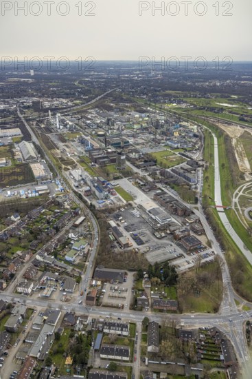 Aerial view, OQ Chemicals Werk Ruhrchemie, formerly OXEA, chemical plant, Holten, Oberhausen, Ruhr area, North Rhine-Westphalia, Germany, DE, Europe, distant view, commercial enterprises, commercial area, commercial park, commercial site, commercial use, industrial area, industrial building, industrial site, aerial photograph, aerial photography, aerial photography, Otto-Roelen-Straße, Polimeri Europa chemical plant, overview, Versalis, bird's-eye view, birds-eyes view, formerly Oxea, overview