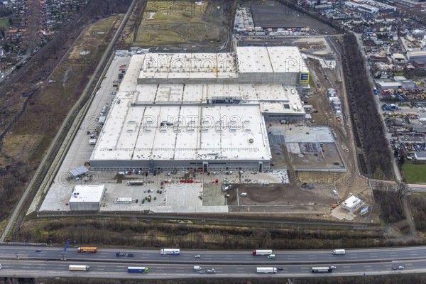 Aerial photo, Edeka central warehouse Oberhausen, Schwarze Heide, Oberhausen, Ruhr area, North Rhine-Westphalia, Germany, DE, Europe, freight transport, logistics, logistics service, logistics service provider, logistics centre, aerial photo, aerial photography, aerial photography, overview, bird's-eye view, Waldteichstraße, birds-eyes view, overview