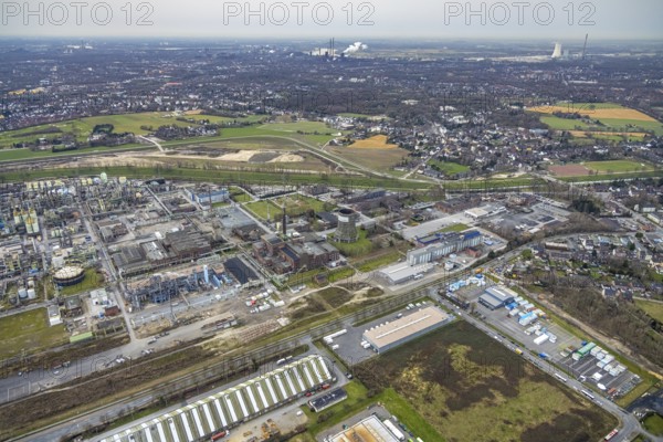 Aerial view, OQ Chemicals Werk Ruhrchemie, formerly OXEA, chemical plant, Holten, Oberhausen, Ruhr area, North Rhine-Westphalia, Germany, DE, Europe, distant view, commercial enterprises, commercial area, commercial park, commercial site, commercial use, industrial area, industrial building, industrial site, aerial photograph, aerial photography, aerial photography, Otto-Roelen-Straße, Polimeri Europa chemical plant, overview, Versalis, bird's-eye view, birds-eyes view, formerly Oxea, overview