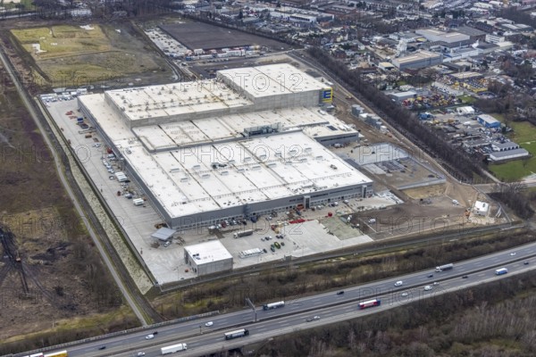 Aerial photo, Edeka central warehouse Oberhausen, Schwarze Heide, Oberhausen, Ruhr area, North Rhine-Westphalia, Germany, DE, Europe, freight transport, logistics, logistics service, logistics service provider, logistics centre, aerial photo, aerial photography, aerial photography, overview, bird's-eye view, Waldteichstraße, birds-eyes view, overview
