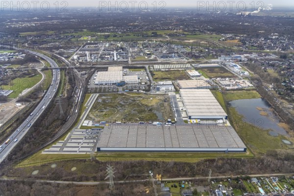 Aerial view, Waldteich business park, construction site between GEODIS Contract Logistics Germany and Lekkerland Oberhausen branch, Holten, Oberhausen, Ruhr area, North Rhine-Westphalia, Germany, DE, Europe, commercial enterprises, commercial area, commercial park, commercial site, commercial use, industrial area, industrial building, industrial site, aerial view, aerial photography, aerial photography, overview, bird's-eye view, overview