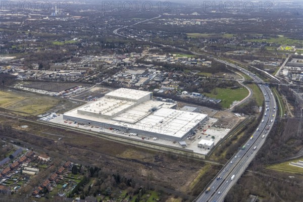 Aerial photo, Edeka central warehouse Oberhausen, Schwarze Heide, Oberhausen, Ruhr area, North Rhine-Westphalia, Germany, DE, Europe, freight transport, logistics, logistics service, logistics service provider, logistics centre, aerial photo, aerial photography, aerial photography, overview, bird's-eye view, Waldteichstraße, birds-eyes view, overview