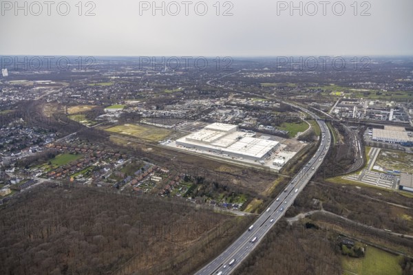 Aerial photo, Edeka central warehouse Oberhausen, Schwarze Heide, Oberhausen, Ruhr area, North Rhine-Westphalia, Germany, DE, Europe, freight transport, logistics, logistics service, logistics service provider, logistics centre, aerial photo, aerial photography, aerial photography, overview, bird's-eye view, Waldteichstraße, birds-eyes view, overview