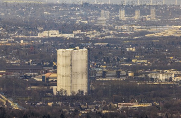 Aerial view, gasometer renovation measures, covered gasometer at CentrO, Borbeck, Oberhausen, Ruhr area, North Rhine-Westphalia, Germany, DE, Europe, industrial monument, culture, art, aerial view, aerial photography, aerial photography, overview, events, venue, event centre, bird's eye view, birds-eyes view, cultural use, overview