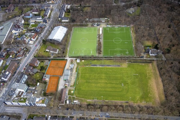 Aerial view, Hans-Wagner-Sportanlage, Arnold-German-Stadion, Wolfgang-Hoffmann-Platz, football pitch and tennis courts, Rothebusch, Oberhausen, Ruhr area, North Rhine-Westphalia, Germany, DE, Europe, football pitch, football stadium, football club, aerial view, aerial photography, aerial photography, sports, sports facilities, sports field, sports facility, stadium, tennis, tennis facility, tennis courts, overview, bird's-eye view, overview