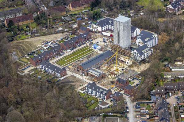 Aerial view, construction site, new development area, residential buildings Am Schacht IV, Kursana Domizil Oberhausen, Klosterhardt, Oberhausen, Ruhr area, North Rhine-Westphalia, Germany, retirement home, retirement home, old people's home, construction work, construction area, building site, building plots, construction crane, construction project, construction site, care and nursing, DE, Europe, property tax, real estate, aerial view, aerial photography, aerial photography, new building, care facility, retirement home, retirement residence, retirement home, retirement centre, tower, overview, bird's-eye view, residential complex, residential area, residential buildings, residential quality, residential quarter, housing estate, birds-eyes view, overview