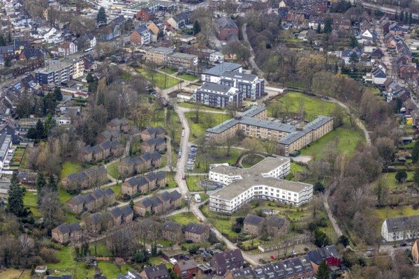 Aerial view, ASO Altenpflegeeinrichtungen, Häuslicher Pflegedienst Der Elly-Heuss-Knapp-Stiftung, ASO Haus Bronkhorstfeld, Elly-Heuss-Knapp-Quartier, Tackenberg West, Oberhausen, Ruhr area, North Rhine-Westphalia, Germany, care and nursing, DE, Elly-Heuss-Knapp-Straße, Europe, property tax, real estate, aerial view, aerial photography, aerial photography, care service, care facility, care home, overview, bird's-eye view, residential estate, living and living, residential area, residential buildings, residential neighbourhood, housing estate, birds-eyes view, overview