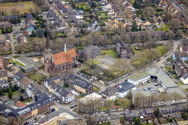 Aerial view, St. Antonius Church, catholic kindergarten St. Antonius, Schillerschule, Comeniusschule Zweigstelle, Klosterhardt, Oberhausen, Ruhr area, North Rhine-Westphalia, Germany, place of worship, education, educational institution, DE, Europe, religious community, place of worship, Hasenstraße, holy place, kindergarten, day care centre, day care centre, church, parish, day care centre, denomination, educational institute, aerial view, aerial photography, aerial photography, religion, religious site, school, overview, bird's-eye view, overview