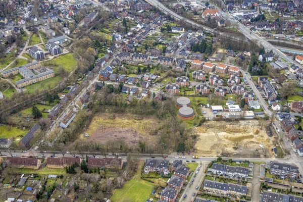 Aerial photo, RWW Rheinisch-Westfälische Wasserwerksgesellschaft mbH, construction site, Tackenberg West, Oberhausen, Ruhr area, North Rhine-Westphalia, Germany, construction work, construction area, construction site, building plot, construction measure, construction project, DE, Europe, aerial photo, aerial photography, aerial photography, overview, bird's-eye view, overview