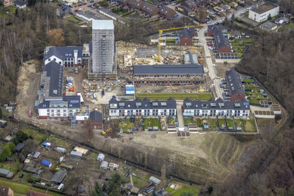 Aerial view, construction site, new development area, residential buildings Am Schacht IV, Kursana Domizil Oberhausen, Klosterhardt, Oberhausen, Ruhr area, North Rhine-Westphalia, Germany, retirement home, retirement home, old people's home, construction work, construction area, building site, building plots, construction crane, construction project, construction site, care and nursing, DE, Europe, property tax, real estate, aerial view, aerial photography, aerial photography, new building, care facility, retirement home, retirement residence, retirement home, retirement centre, tower, overview, bird's-eye view, residential complex, residential area, residential buildings, residential quality, residential quarter, housing estate, birds-eyes view, overview