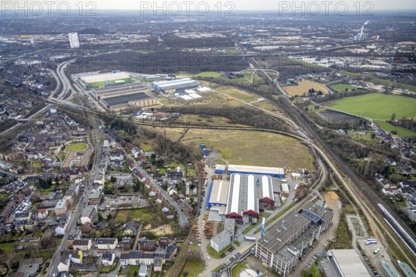 Aerial view, Gutehoffnungshütte Radsatz, biomass cogeneration plant of Energieversorgung Oberhausen AG, MAN factory halls, Sterkrade Mitte, Oberhausen, Ruhr area, North Rhine-Westphalia, Germany, DE, Europe, distant view, Gartenstraße, commercial enterprises, commercial area, commercial location, commercial use, industrial area, industrial building, industrial location, aerial photograph, aerial photography, aerial photography, overview, bird's-eye view, bird's-eye view, overview