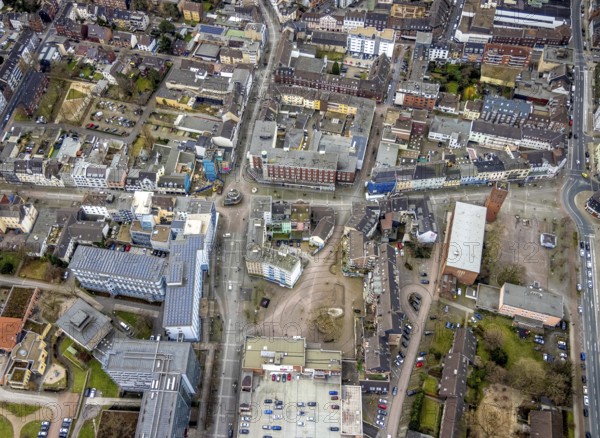 Aerial view, Kleiner Markt Sterkrade, Technisches Rathaus, catholic church St. Clemens, Großer Markt, Sterkrade Mitte, Oberhausen, Ruhr area, North Rhine-Westphalia, Germany, place of worship, DE, Europe, religious community, place of worship, holy site, church, parish, denomination, aerial view, aerial photography, aerial photography, market place, town hall, religion, religious site, overview, bird's-eye view, overview