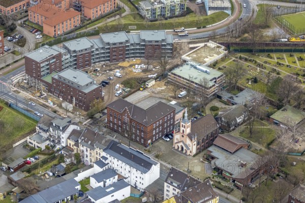 Aerial view, construction site, new residential buildings on Eugen-Zur-Nieden-Ring, Steinbrinkschule, Friedenskirche, Sterkrade Mitte, Oberhausen, Ruhr area, North Rhine-Westphalia, Germany, place of worship, construction work, construction area, building site, building plots, construction project, construction site, education, educational institution, DE, Europe, religious community, place of worship, holy place, church, parish, denomination, educational institute, aerial view, aerial photography, aerial photography, new building, religion, religious site, school, overview, bird's-eye view, overview