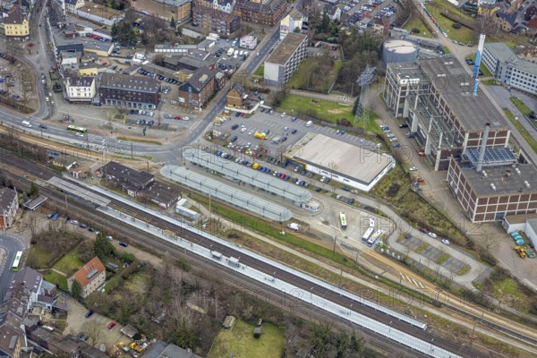 Aerial view, railway station and bus station, biomass cogeneration plant of Energieversorgung Oberhausen AG, Sterkrade Mitte, Oberhausen, Ruhr area, North Rhine-Westphalia, Germany, railway tracks, railway station, bus stop, DE, Deutsche Bahn AG, Europe, main station, power station, aerial view, aerial photography, aerial photography, overview, bird's eye view, ZOB, birds-eyes view, overview