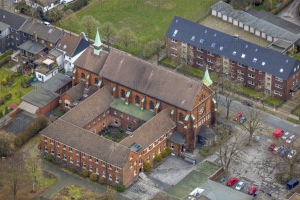 Aerial view, catholic monastery Liebfrauenrkirche, Schwarze Heide, Oberhausen, Ruhr area, North Rhine-Westphalia, Germany, place of worship, DE, Europe, religious community, place of worship, holy place, church, parish, monastery, denomination, aerial view, aerial photography, aerial photography, religion, religious site, Roßbachstraße, overview, bird's-eye view, birds-eyes view, overview