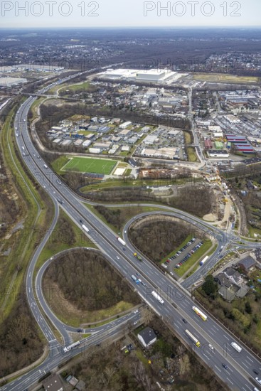 Aerial view, business park Im Erlengrund, Edeka central warehouse, Basamentwerke Böcke GmbH, motorway A3 motorway junction Oberhausen-Holten, construction site feeder road, Schwarze Heide, Oberhausen, Ruhr area, North Rhine-Westphalia, Germany, motorway A3, motorway junction, construction work, construction area, construction site, building plots, construction, construction project, construction site, DE, Europe, commercial enterprises, commercial area, commercial park, commercial location, commercial use, industrial area, industrial building, industrial location, aerial view, aerial photography, aerial photography, new building, overview, bird's-eye view, Waldteichstraße, birds-eyes view, overview
