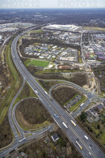 Aerial view, business park Im Erlengrund, Edeka central warehouse, Basamentwerke Böcke GmbH, motorway A3 motorway junction Oberhausen-Holten, construction site feeder road, Schwarze Heide, Oberhausen, Ruhr area, North Rhine-Westphalia, Germany, motorway A3, motorway junction, construction work, construction area, construction site, building plots, construction, construction project, construction site, DE, Europe, commercial enterprises, commercial area, commercial park, commercial location, commercial use, industrial area, industrial building, industrial location, aerial view, aerial photography, aerial photography, new building, overview, bird's-eye view, Waldteichstraße, birds-eyes view, overview