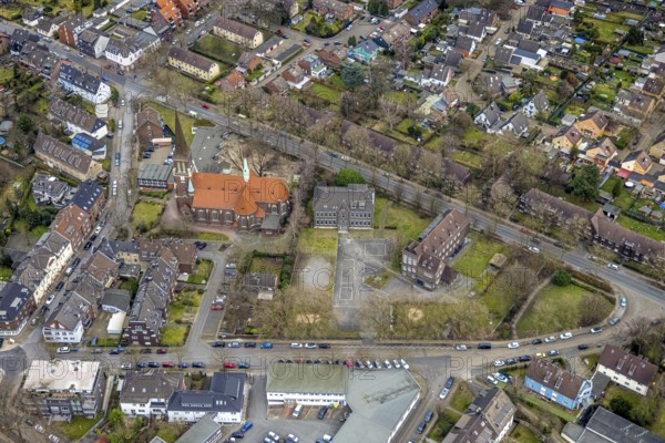 Aerial view, St. Antonius Church, catholic kindergarten St. Antonius, Schillerschule, Comeniusschule Zweigstelle, Klosterhardt, Oberhausen, Ruhr area, North Rhine-Westphalia, Germany, place of worship, education, educational institution, DE, Europe, religious community, place of worship, Hasenstraße, holy place, kindergarten, day care centre, day care centre, church, parish, day care centre, denomination, educational institute, aerial view, aerial photography, aerial photography, religion, religious site, school, overview, bird's-eye view, overview