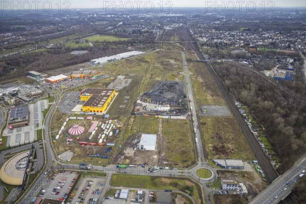 Aerial view, CentrO site, construction site Brammenring, Hornbach Baumarkt, Poco Einrichtungsmarkt, Borbeck, Oberhausen, Ruhr area, North Rhine-Westphalia, Germany, construction work, building, construction area, building site, building plots, construction project, construction site, DE, shopping, shopping centre, shopping markets, shopping square, shopping centre, Europe, aerial view, aerial photography, aerial photography, new building, shopping, shopping centre, overview, bird's eye view, bird's eye view, overview