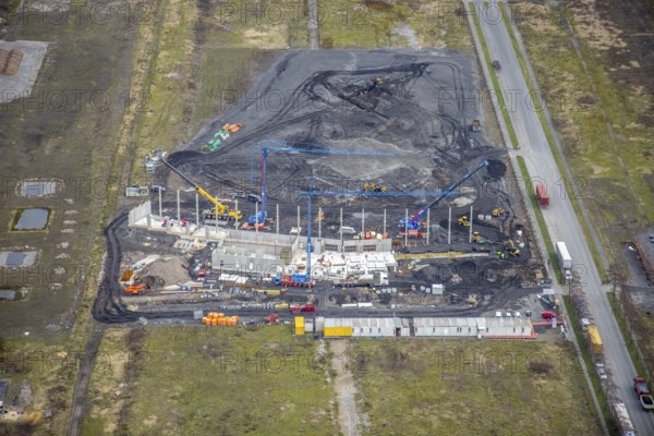Aerial view, construction site on the CentrO site, Brammenring, Borbeck, Oberhausen, Ruhr area, North Rhine-Westphalia, Germany, construction work, construction area, building site, building plots, construction project, construction site, DE, Europe, aerial view, aerial photography, aerial photography, overview, bird's-eye view, overview