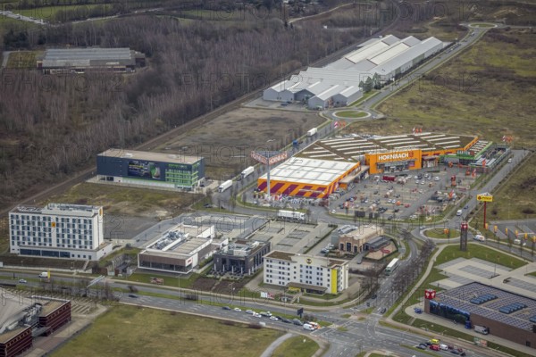 Aerial view, Bloomways GmbH, HBI Blumen-Großhändler am CentrO Oberhausen, Borbeck, Oberhausen, Ruhr area, North Rhine-Westphalia, Germany, Brammenring, DE, Europe, commercial enterprises, commercial area, commercial location, commercial use, roundabout, aerial view, aerial photography, aerial photography, overview, bird's-eye view, overview