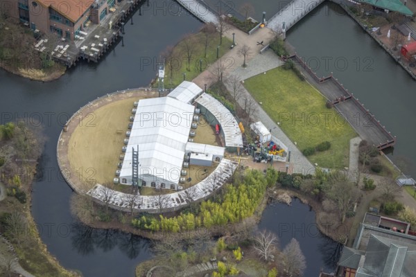 Aerial view, CentrO Beach with tent, Borbeck, Oberhausen, Ruhr area, North Rhine-Westphalia, Germany, CentrO-Promenade, DE, Europe, aerial view, aerial photography, aerial photography, overview, bird's eye view, birds-eyes view, centrO Oberhausen, overview